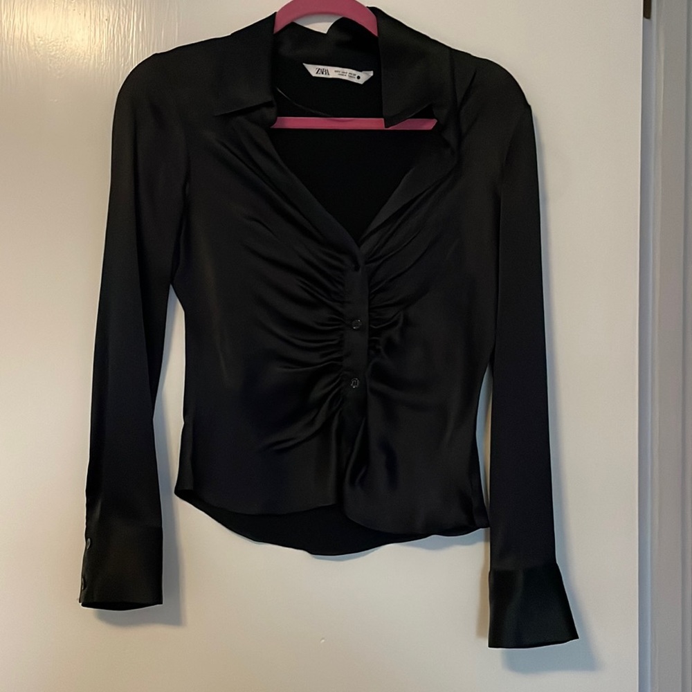 Zara black button down top.